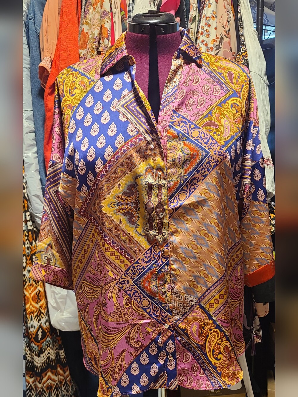 Cato Patchwork Paisley Button-Up Blouse in Purple, Gold & Blue